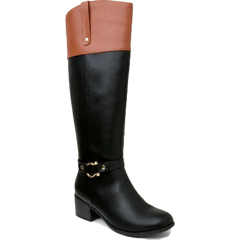 Boots with playful stripe designs -Karen Scott Womens Vickyy Faux Leather Stacked Heel Knee-High Boots