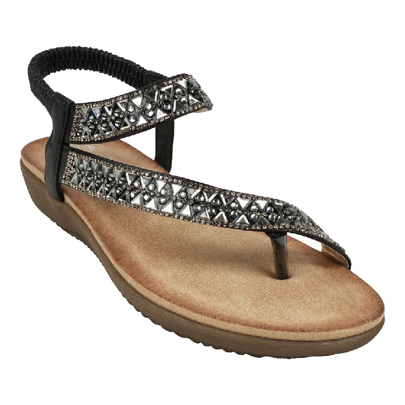 Sandals with tough strap piles -Reille Black Jeweled Asymmetrical Slingback Flat Sandals