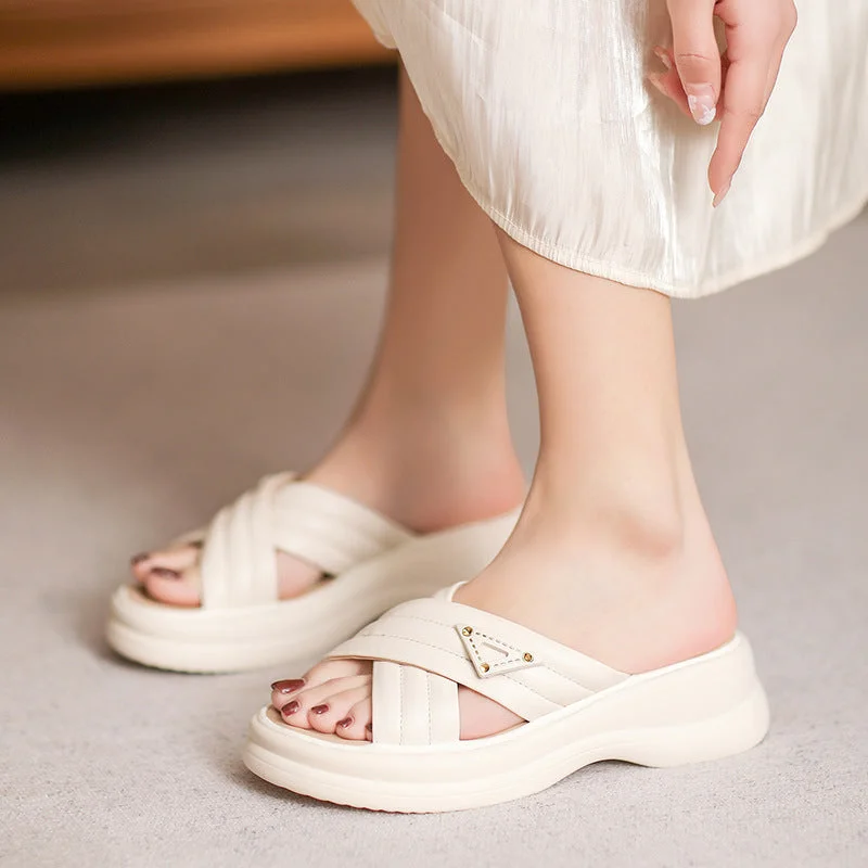 Sandals with snug strap soles -Women Summer Casual Leather Platform Slides Sandals