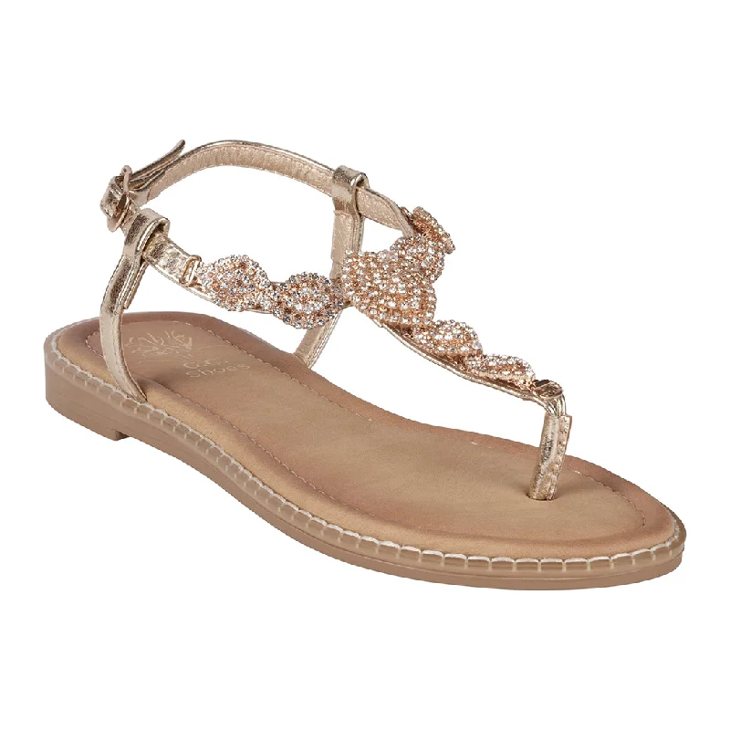 Sandals with grippy rubber soles -Cali Gold Jeweled T-Strap Slingback Flat Sandals