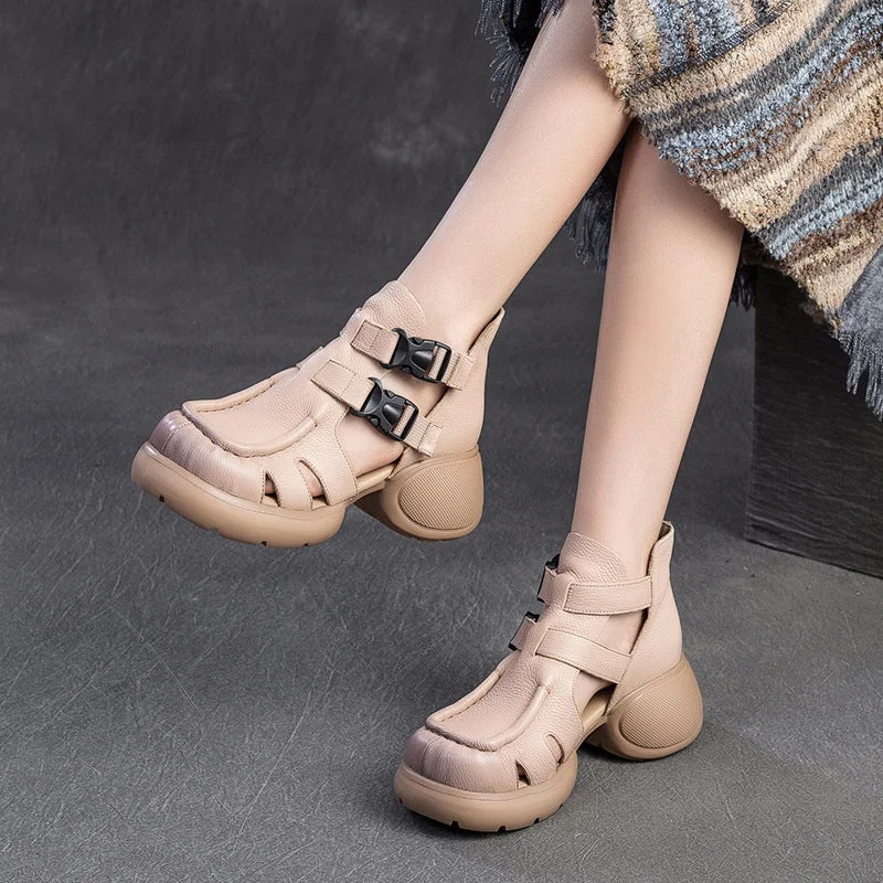 Slim sandals for light packs -Women Retro Leather High Top Casual Sandals