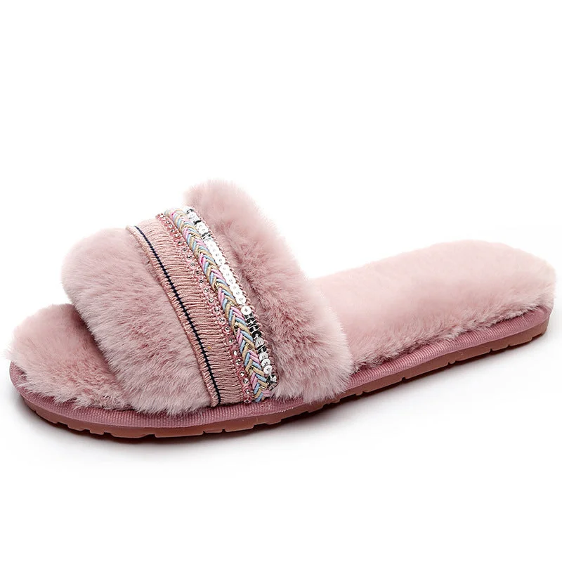 Slippers for cozy weekends -Women's newest fur lined women winter slippers indoor home warm Beauty salon faux fur shoes