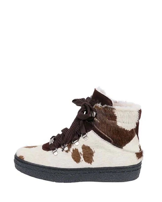 Boots for outdoor rainy lunches -Monaco Bootie | Brown & White Cow