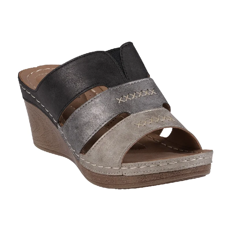 Stout sandals for shore grind -Delores Black Multi-Tone Triple Band Contrast Wedge Sandals