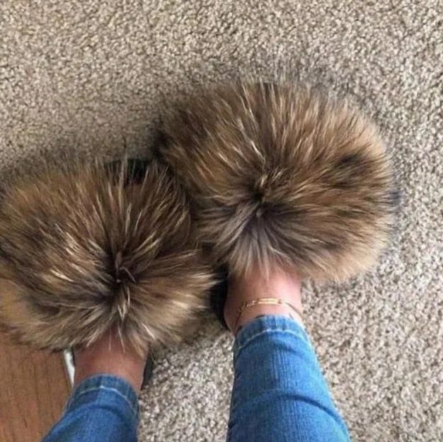 Slippers with rigid soles -2020 Women Furry Slippers Ladies Shoes Cute Plush Fox Hair Fluffy Sandals Women's Fur Slippers Winter Warm Slippers Women Hot