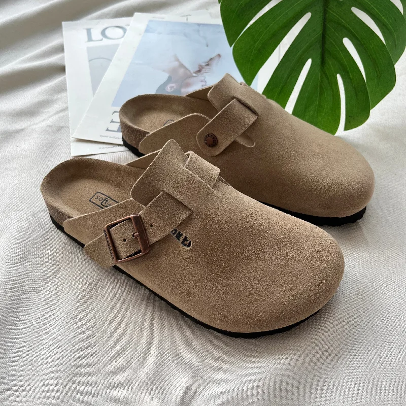 Slippers for daily lounging -Brand Fashion Women's Slippers Leisure Cow Suede Leather Flats Shoes Casual Slip-On Comfortable Beach Shoes Classic Rome