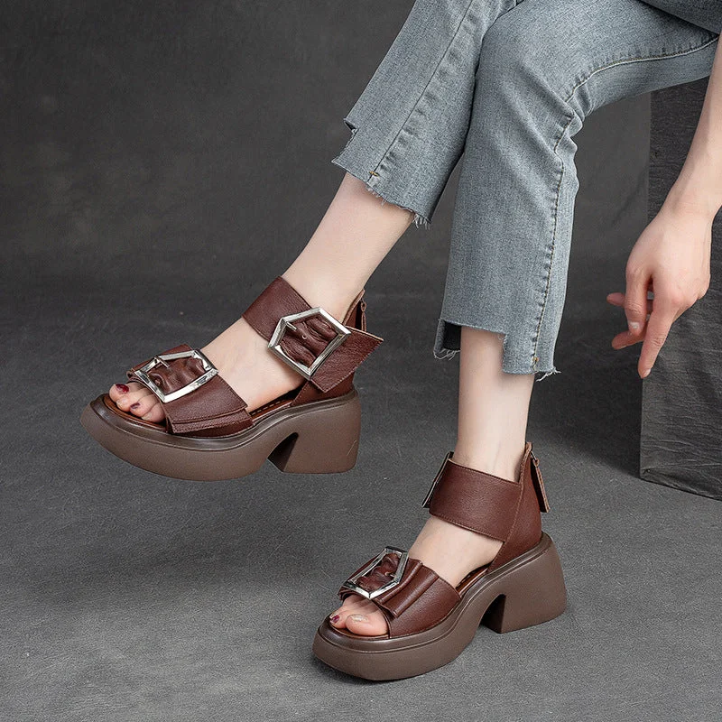 Light sandals for slim packs -Women Summer Leather Elegant Chunky Heel Sandals