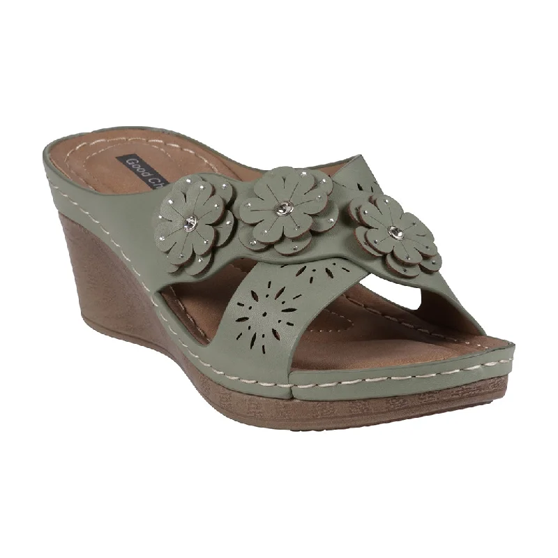 Dusky sandals for subtle wear -Miller Green Cross Strap Floral Wedge Sandals