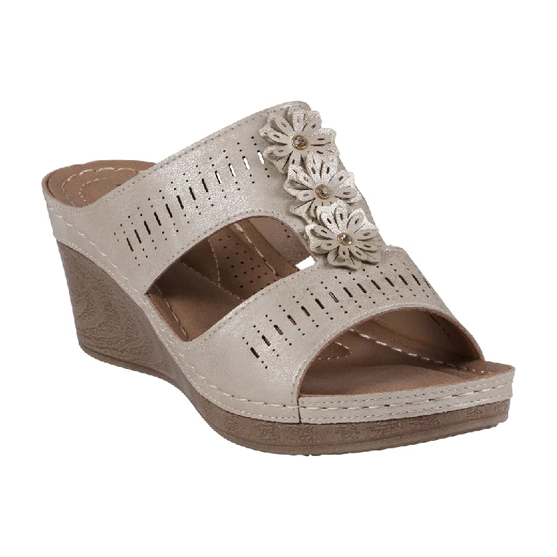 Sandals with loose sole bands -Lisette Perforated Ice T-Strap Flower Wedge Sandals