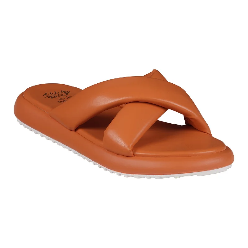 Slip-on sandals with ease shores -Nalani Orange Cross-Strap Slide Flat Sandals