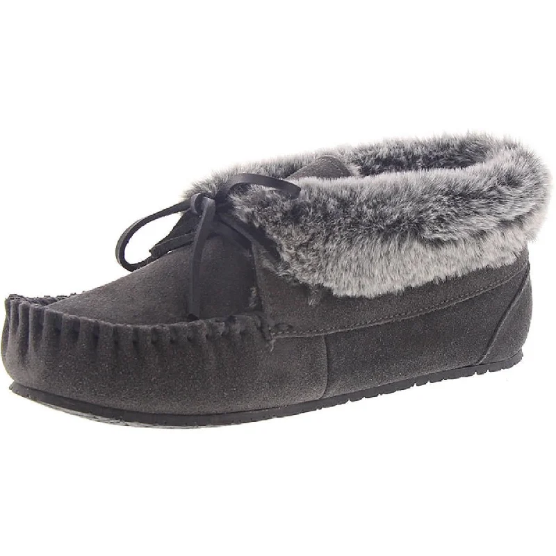 Boots with skid-resistant sole linings -Minnetonka Womens Cabin Bootie Bow Faux Fur Lined Moccasins