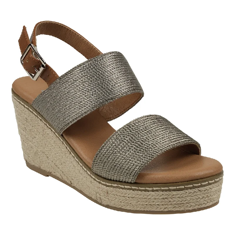 Ritzy sandals for sharp outings -Ellis Pewter Metallic Double Band Slingback Espadrille Wedge Sandals