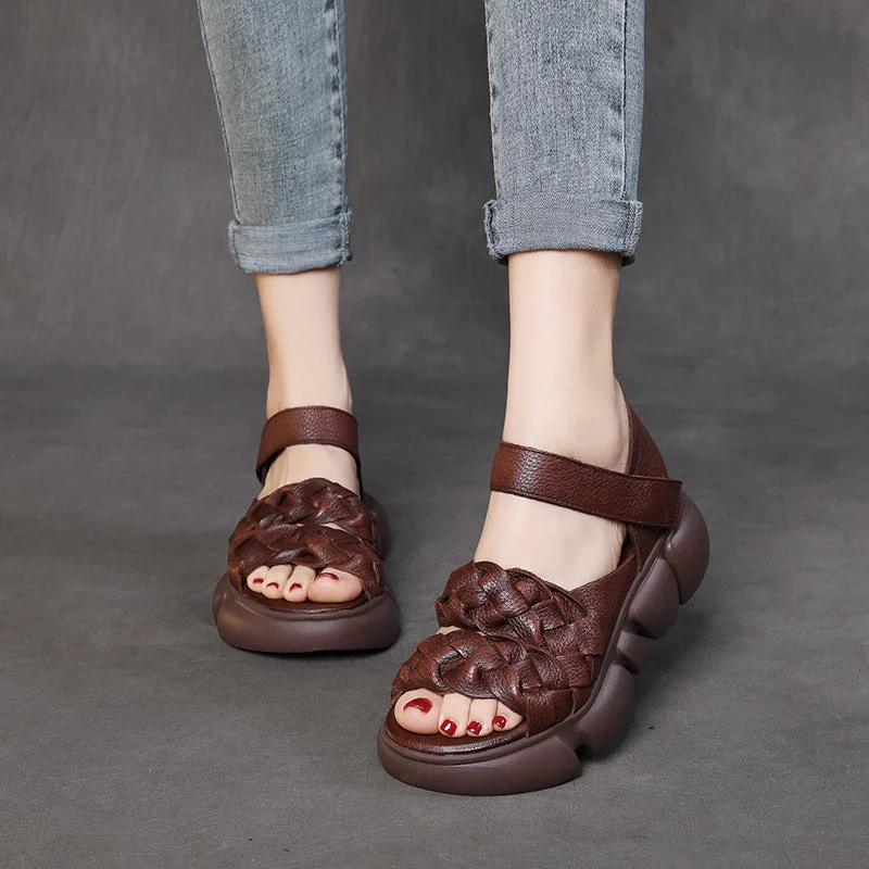 Sandals for kids’ sandy play -Women Retro Plaited Leather Casual Platform Sandals