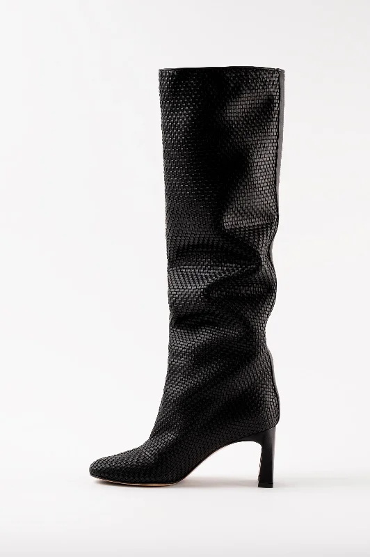 Boots for wet patio evenings -ROBERTA - Black Woven Leather Knee-High Boots