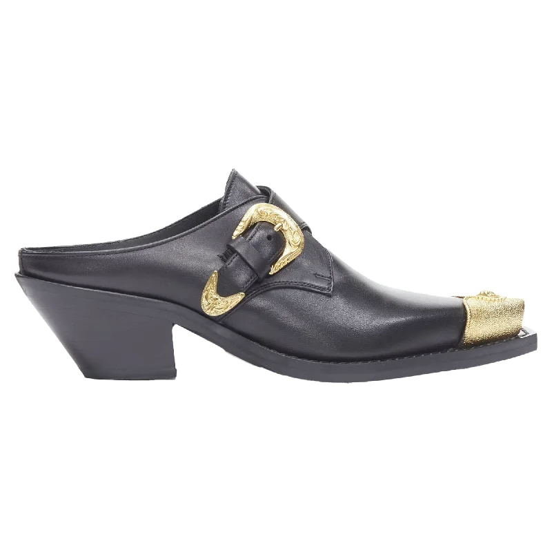 Slippers for damp floors -Versace Leather Gold Medusa Toe Western Buckle Cuban Mule