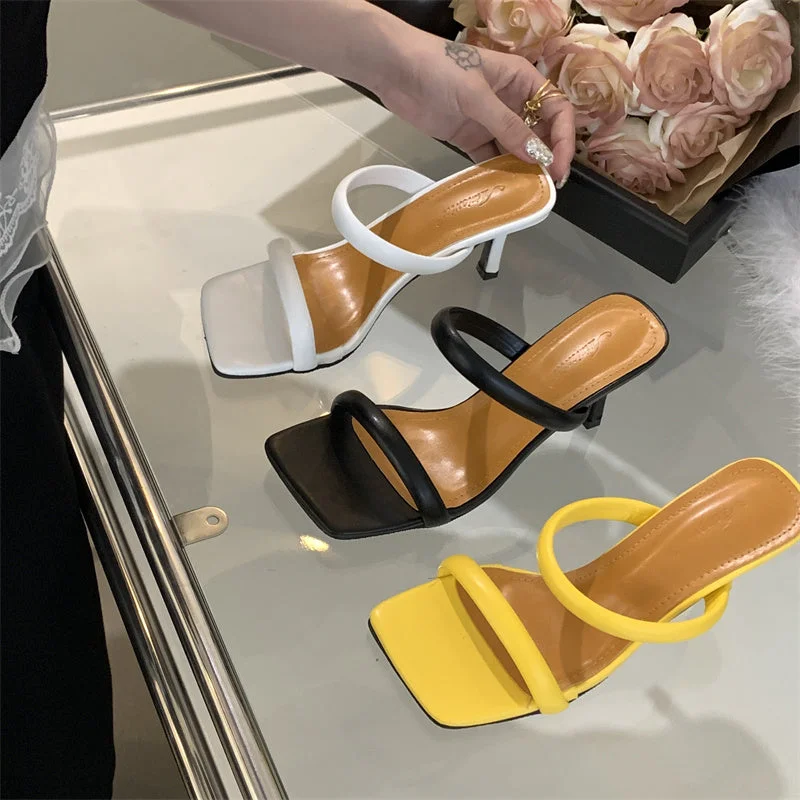 Slippers with plush soles -Women Summer Slippers Square Toe Stiletto Luxury Brand Shoe Fashion 2023 New Heels