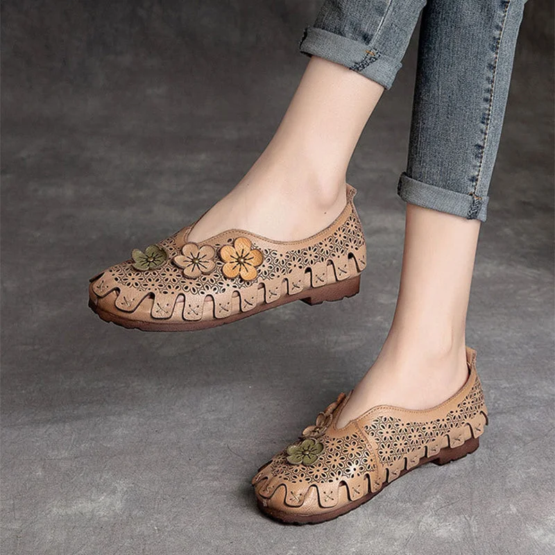 Flats for tranquil evenings -Women Summer Retro Hollow Soft Leather Flats