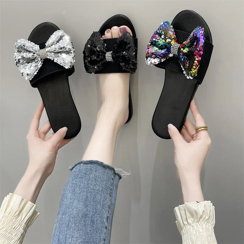 Slippers for everyday use -Sequin Bow Slippers Women Casual Outdoor Flat Shoes 2022 Summer Ladies Fashion Shiny Beach Sandals Size 35-43 zapatos de mujer