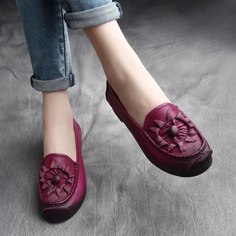 Flats with cushioned arches -Women Retro Leather Handcraft Soft Casual Flats