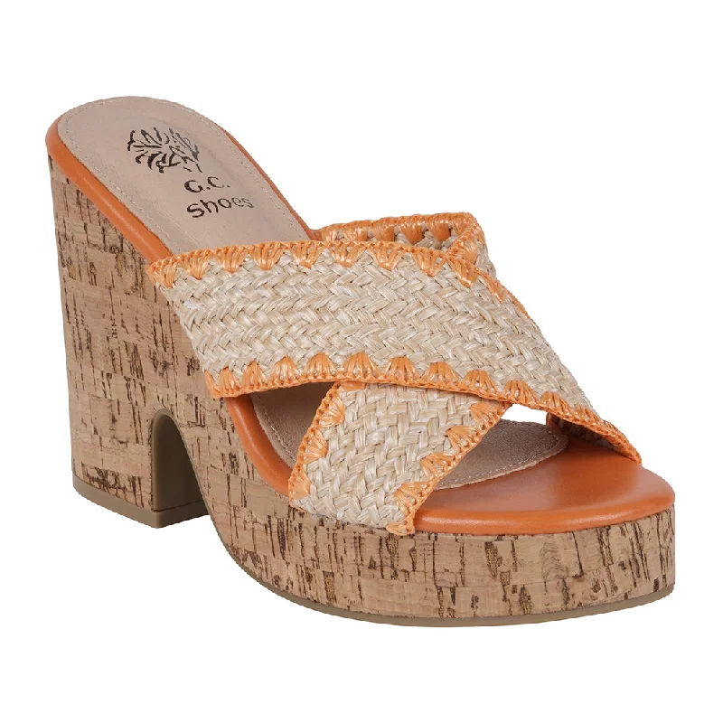 Sandals with easy sole treads -Elsa Orange Woven Cross Strap Wooden Platform Heeled Sandals