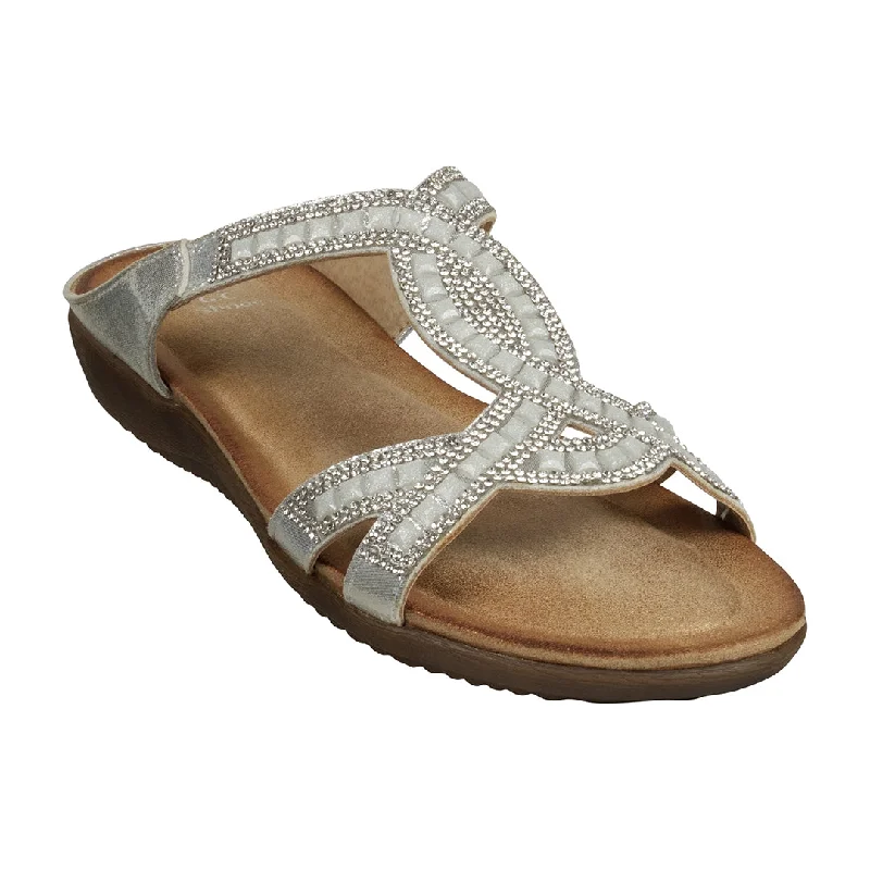 Sandals with tight strap piles -Alora Silver Embellished Slide Flat Sandals