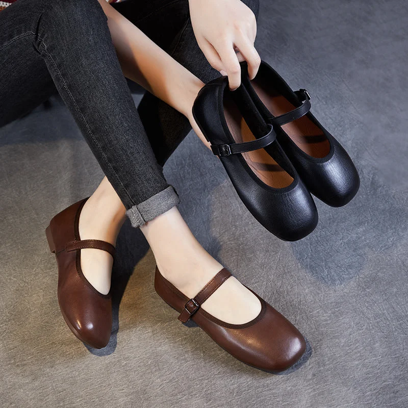 Flats with firm padding -Women Retro Minimalist Soft Leather Buckle Flats