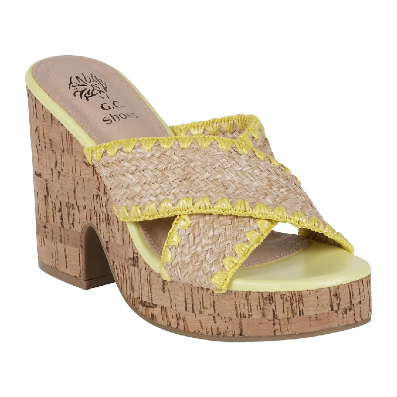 Sandals with brisk shore eves -Elsa Yellow Woven Cross Strap Wooden Platform Heeled Sandals