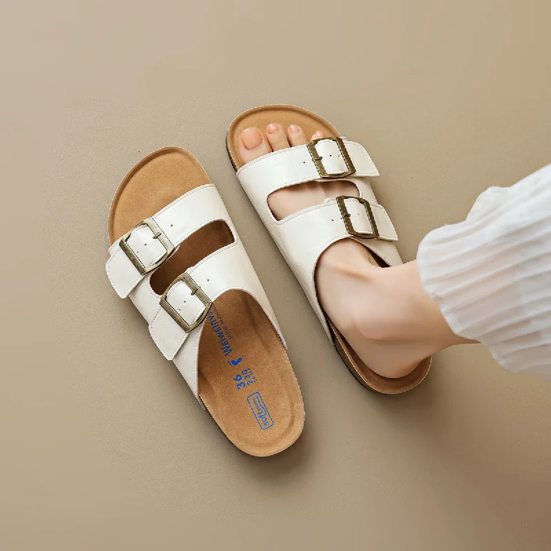 Sandals with sleek strap piles -Women Soft Leather Summer Buckle Slides Sandals