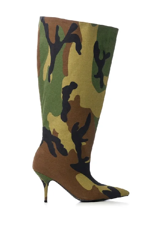 Boots with dense heel linings -BRIGHTEN-CAMO OVERSIZED KNEE HIGH STILETTO BOOT