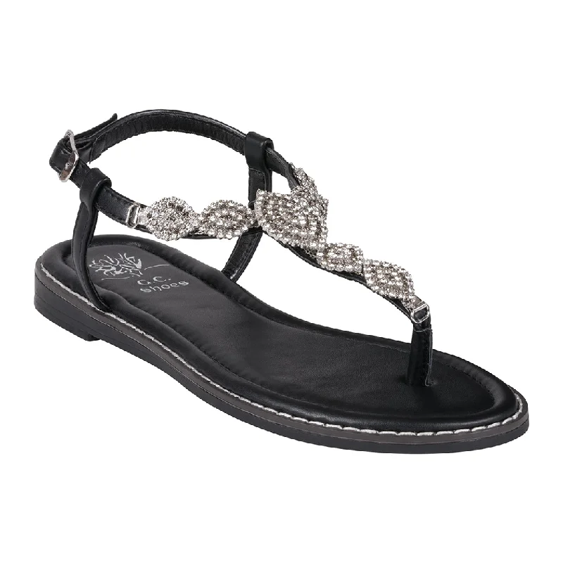 Easy sandals with shorts looks -Cali Black Jeweled T-Strap Slingback Flat Sandals